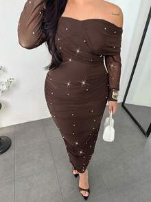 Firerie Đầm maxi trễ vai màu nâu thanh lịch đính ngọc trai nhún bèo ôm sát tôn dáng cho ngày lễ tình nhân dành cho nữ cỡ lớn - màu nâu - Xem 3