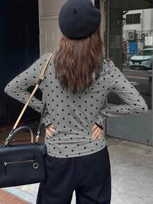FRIFUL 女士圆领植绒波点修身撞色滚边长袖T恤 - 灰色 - 查看 4