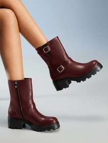 CUCCOO GRLICON 女士踝靴，Y2K风格，朋克风，机车风，酷女孩风，适合万圣节、圣诞节、派对等场合 - 酒紅色 - 查看 10
