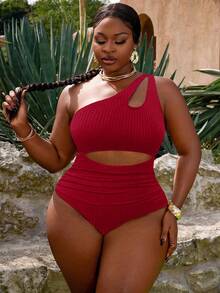 Slaydiva Traje de baño de una pieza con un hombro, acanalado, con recorte y pliegues, para mujer de talla grande, casual y para vacaciones - Rojo - Ver 4