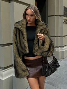 Aloruh 女式复古时尚前开仿毛领夹克，冬季外套 - 卡其色 - 查看 3