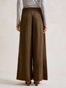 Aalyst Women's Elegant,Luxurious Dark Green Autumn Trousers,Work Office Minimalist Wide Leg Linen Fabric Pants With Waist Pleats,Metal Decor For Spring - Brown - View 3