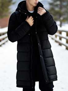 SHEIN Teen Boys' Black Long Oversized Winter Autumn Coat, Thick Minimalist Jacket, Casual College Style Teen Boy Hooded Parka, Comfortable Outdoor Warm - Black - View 1