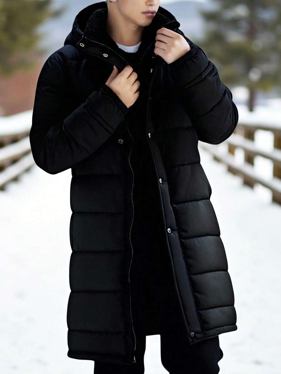 SHEIN Teen Boys' Black Long Oversized Winter Autumn Coat, Thick Minimalist Jacket, Casual College Style Teen Boy Hooded Parka, Comfortable Outdoor Warm - Black - View 1