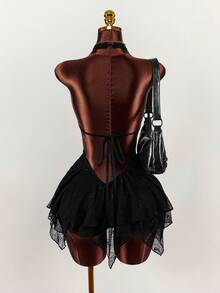 Y2K Amplova Black Deep V-Neck Backless Lace Patchwork Asymmetrical Punk Sexy Hem Sweet & Chic Street Style Mini Dress For Young Girls ,Autumn/Winter Thanksgiving And New Year,Party Dresses For Women,Christmas Party Dress,Party Dresses For Women,Dresses For Women Party - Black - View 10