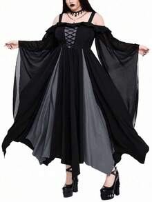 Whyspr Plus Size Women's Gothic Style Color Block Cinched Waist Long Dress - Grey - View 6