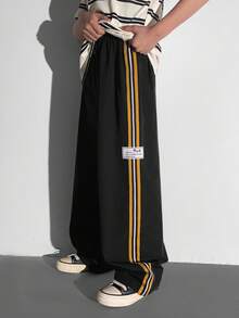 SHEIN Tween Boys' Casual Versatile Comfortable Colorful Ribbon Letter Woven Label Straight Loose Solid Color Pants, Suitable For Commuting, School, Daily Casual, Travel, Sports, Spring/Summer/Fall/Winter,Thanksgiving,Christmas,Winter,Winter Clothes,Cozy Fall & Winter Styles, - Black - View 6