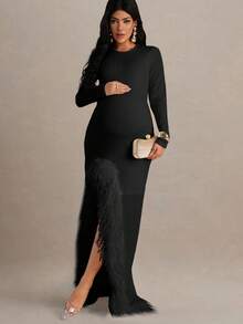 MaterniChic Pregnant Women's Elegant Patchwork Fuzzy Trim Long Sleeve Split Dress, Autumn - Black - View 3