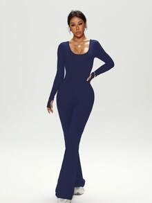 Dewbera Women's Autumn/Winter Jumpsuit, Black Tight-Fitting U-Neck Long Sleeve, Cross Back Strap, Fitted Front Panel, Flared Leg Hem, Suitable For Casual, Running, Yoga, Gym, Tennis And Other Activities