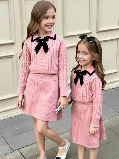 SHEIN Christmas,Halloween Clothing For Kids,Winter,Wednesday,Black Dress,Teen Girl Colorblock Bowknot Thick Fluffy Sweater & Mini Skirt 2 Pieces Set