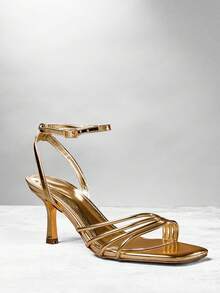 SHUZIA 魅力女士镜面金色方头踝带一脚蹬春夏高跟凉鞋节日派对舞会 - 金色 - 查看 1