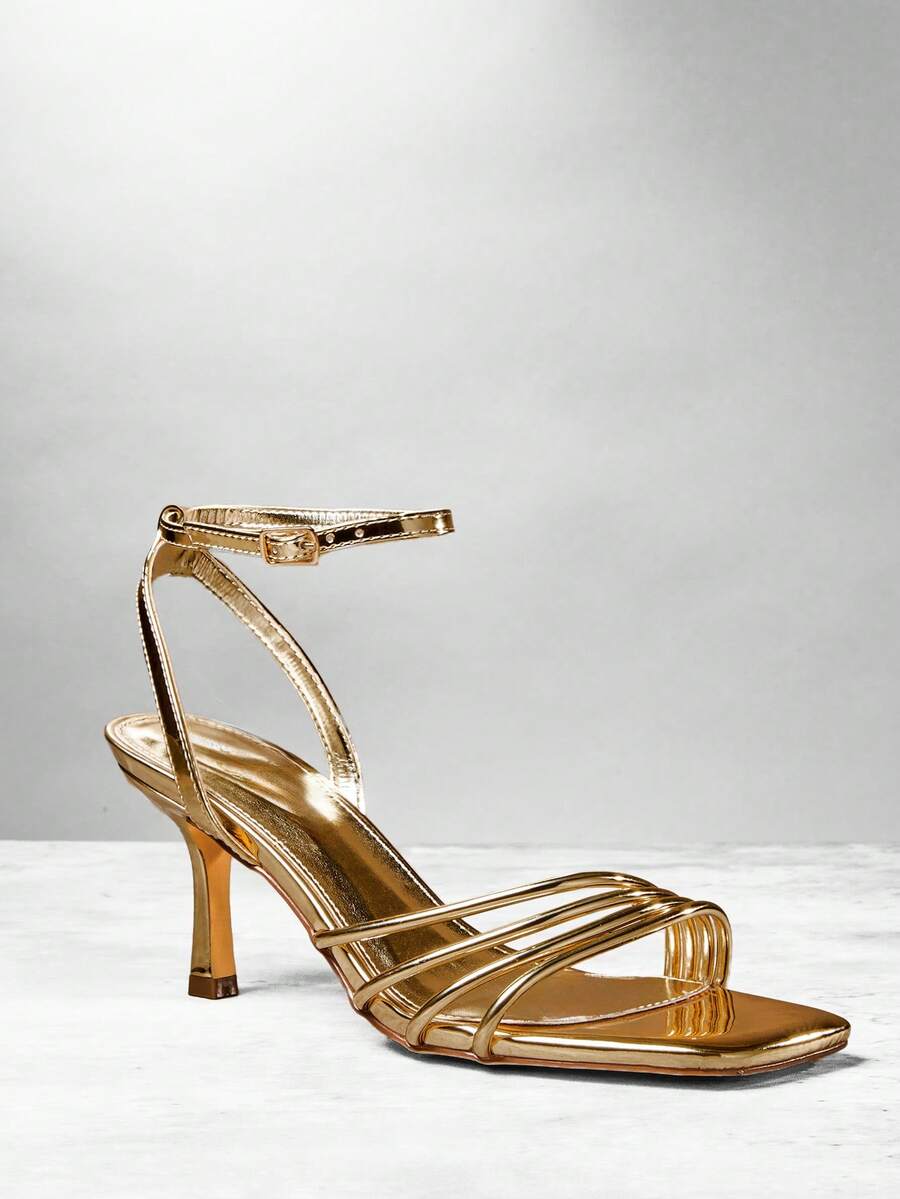 SHUZIA 魅力女士镜面金色方头踝带一脚蹬春夏高跟凉鞋节日派对舞会 - 金色 - 查看 1
