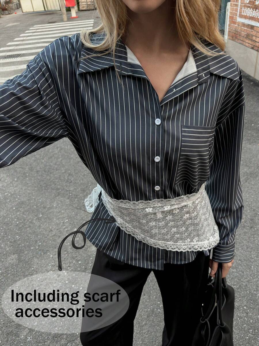 Elyressa Neues elegantes Urban Lace Akzent gestreiftes Hemd