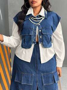 Slaydiva Blusa de manga corta versátil y casual para mujer de talla grande - Azul lavado medio - Ver 4
