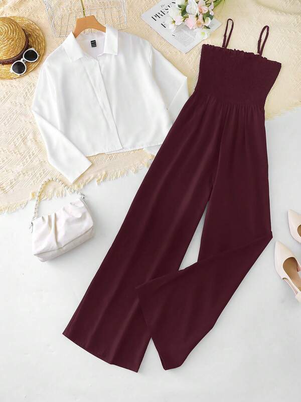 Franclia Christmas Women's Casual White Shirt And Black Jumpsuit 2 Pieces Set Blouse And Pants Set