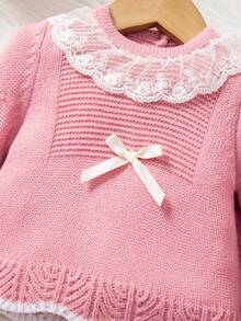 SHEIN Bộ 2 món áo len tay raglan phối ren hồng dễ thương cho bé gái sơ sinh, mềm mại và thoải mái, thích hợp mặc hàng ngày, đi chơi, du lịch, nghỉ mát, ở nhà, nhà trẻ, mùa thu/đông, giáng sinh, đi học, tiệc tùng, đa năng - Hồng - Xem 9