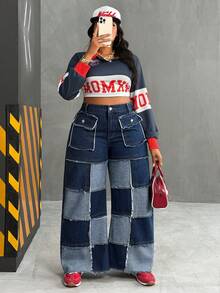 Slaydiva Quần jeans ống loe vá màu xanh không co giãn, phong cách cowgirl, cỡ lớn mùa đông cho nữ, mùa đông - Rửa tối - Xem 3