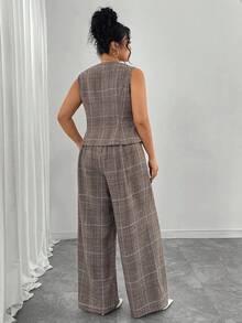 Elenzga 大码女式优雅通勤格子单排扣背心和阔腿裤两件套 - 棕色 - 查看 2