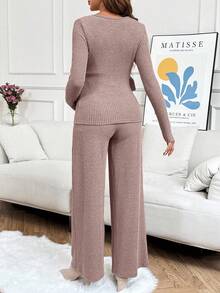 SHEIN Bộ 2 áo thun dài tay gân màu trơn cho bà bầu và quần ống đứng rộng rãi - Hồng - Xem 2