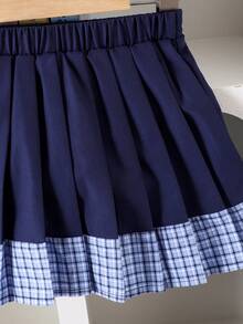 Young Girls Navy Blue Plaid Collar Long Sleeve Embroidered Horse Polo Shirt Top Paired With Pleated Skirt Set, Spring/Autumn, Collegiate Style Children Fashion 2 Pieces Outfit