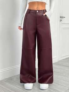 SHEIN PETITE 酒红色纯色 PU 皮革直筒裤，适合圣诞节、新年、情人节、秋冬、派对、约会之夜 - 酒紅色 - 查看 3