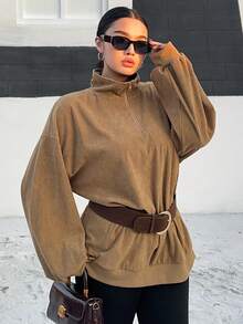 Dazy Plus Áo nỉ nữ cỡ lớn dáng rộng, khóa kéo nửa thân, dây rút, màu trơn, kiểu dáng đường phố. - Màu Khaki - Xem 5