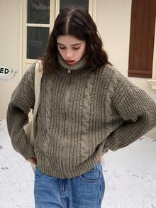 DAZY Teen Girl Solid Color Half Zip Turtleneck Long Sleeve Pullover Sweater, Autumn/Winter - Green - View 5