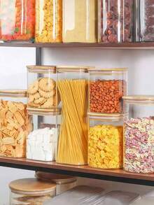 Recipiente hermético cuadrado para almacenamiento de alimentos con tapa de bambú - Canister transparente para cereales/té de cocina - transparente - Ver 6