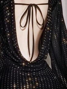 SHEIN ICON Paillettenkleid mit drapiertem Ausschnitt, rückenfreiem Design und Glockenärmeln, A-Linie, Partykleid, elegantes Abendkleid, geeignet für Weihnachten, Halloween - Schwarz - Übersicht 8
