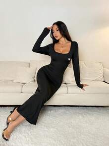 SHEIN PETITE 春夏纯色方领紧身黑色长袖连衣裙，女士优雅长袖方领修身黑色常规袖纯色紧身长裙，夏秋季休闲日常穿着，刺绣茶会连衣裙 - 黑色 - 查看 7