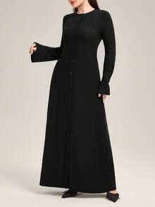 Veilorie Vestido de punto cómodo y versátil de cintura ceñida para uso diario casual - Negro - Ver 3