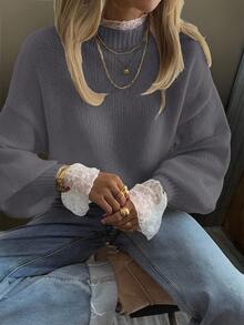 DAZY 新款秋季宽松休闲蕾丝拼布女式毛衣 - 灰色 - 查看 5