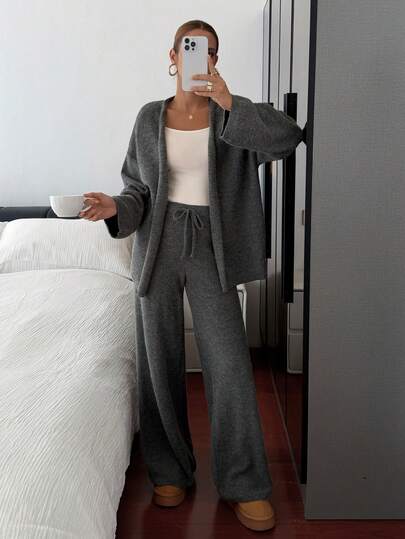 Livesso 女士宽松商务休闲针织开衫和直筒裤套装，秋冬优雅办公室装