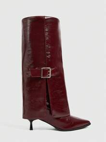 Daringsoles Pointed Toe Riding Boots, Fashionable Tall Metal Buckle Slim High Heel Straight Tube Leg Boots, Slimming Knee-High Boots For Christmas - Burgundy - View 4