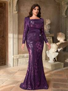 Aureia 大码秋冬优雅华丽紫色亮片拼接缎面不对称领口长袖褶皱修身鱼尾连衣裙，适合晚宴、单身派对、约会、节日、舞会、婚礼、晚宴等场合（重工款）、宾客礼服、情人节等。 - 紫色 - 查看 6