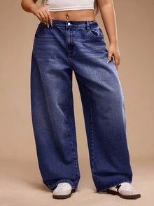 SHEIN Forever 21 Quần jean ống loe dáng rộng, túi hộp, dễ mặc, đa năng, size lớn dành cho nữ - Màu xanh hải quân - Xem 3