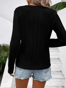 SHEIN LUNE Women's Contrast Color Ribbed Long Sleeve T-Shirt For New Year Graphic Tees Women Tops For Spring - Black - View 2