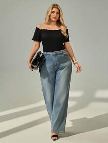 Auralis Plus Size Women's Fashionable Elegant Off Shoulder Frill Trim T-Shirt - Black - View 5