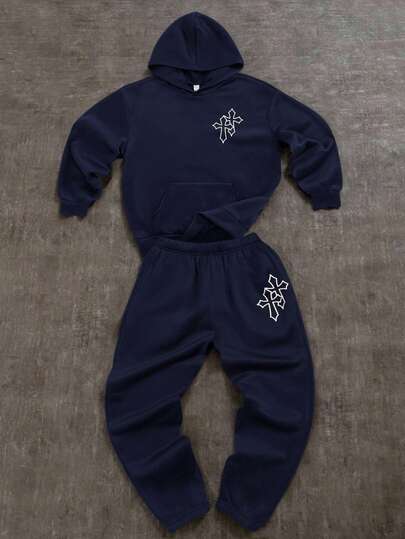 SHEIN Bolty 2pcs/Set Teens Boys' Loose Casual Graphic Hoodie And Sweatpants Set, Boys Sweatsuits Set, Dark Blue Boys Clothes Set