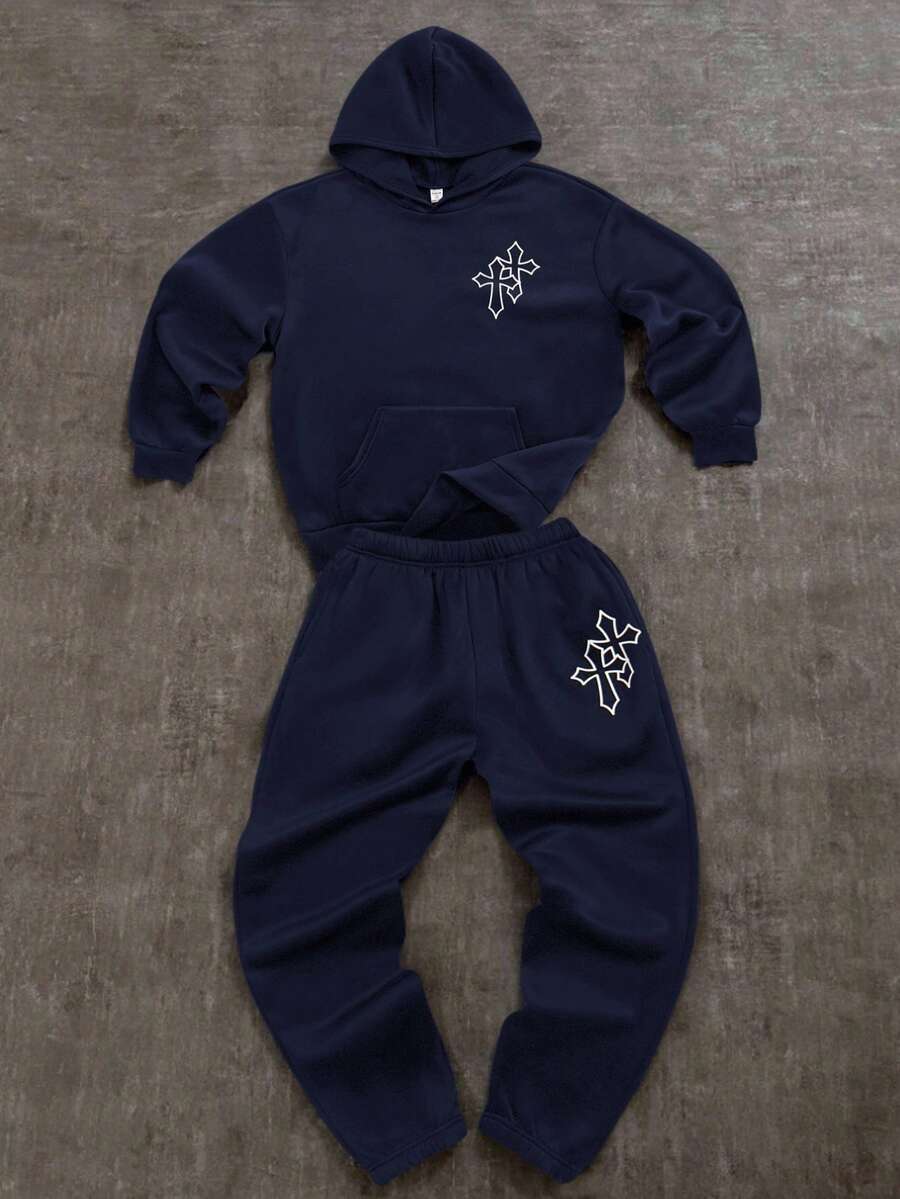 SHEIN Bolty 2pcs/Set Teens Boys' Loose Casual Graphic Hoodie And Sweatpants Set, Boys Sweatsuits Set, Dark Blue Boys Clothes Set - Navy Blue - View 1