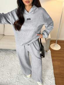 SHEIN PETITE 女士秋冬休闲宽松保暖连帽衫和运动裤套装 - 灰色 - 查看 6