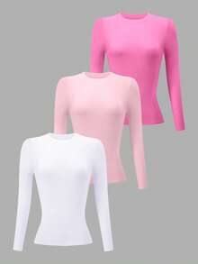 INAWLY 3pcs/Set Kaos Wanita Lengan Panjang Polos Model Kerah Bulat Pas Badan - MultiWarna - View 3