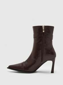 CUCCOO BIZCHIC Pointed-Toe Stiletto Boots | Bronze Buckle Strap Detail | Smooth Leather-Look | Leg-Lengthening Mid-Calf | 2 Pairs, Premium Synthetic - Brown - View 10