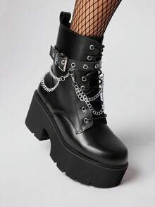 ROMWE Grunge Punk 女式深色朋克风格厚底粗跟短靴，哥特式金属链装饰坡跟踝靴，舒适战斗靴，万圣节 - 黑色 - 查看 3