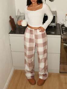Lowkey Lull 低调慵懒格子法兰绒舒适休闲柔软时尚秋季轻松舒适秋季睡衣 INS 休闲 Y2K 长袖上衣和裤子女士睡衣套装法兰绒裤子格子裤家居服女士，蓬松舒适的冬季服装 - 彩色 - 查看 4