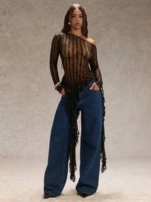 SHEIN Glamour Áo ren tay dài hở vai, viền bất đối xứng cho nữ, gợi cảm và mỏng manh, thích hợp mặc nhiều lớp hoặc mặc riêng, mùa thu/đông - màu đen - Xem 1