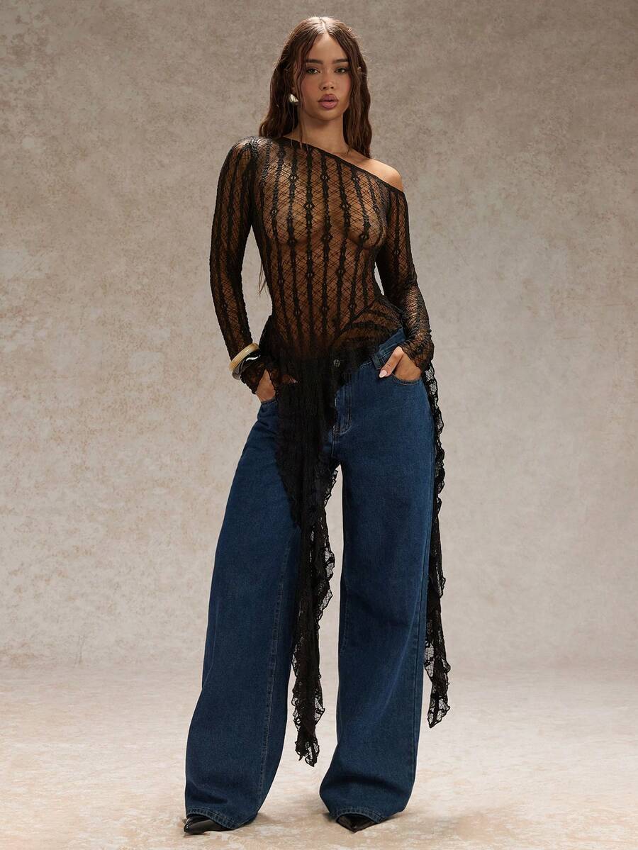 SHEIN Glamour Áo ren tay dài hở vai, viền bất đối xứng cho nữ, gợi cảm và mỏng manh, thích hợp mặc nhiều lớp hoặc mặc riêng, mùa thu/đông - màu đen - Xem 1