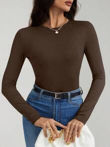 SHEIN Tall 女款純色圓領修身優雅長袖連身衣，秋季 - 棕色 - 查看 5