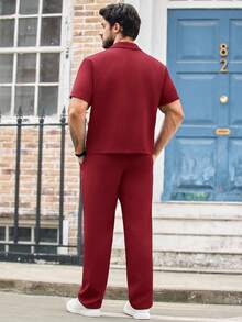 Manfinity VCAY 2pcs Men's Casual Loose Drop Shoulder Oblique Placket Short Sleeve Shirt Set - Red - View 3