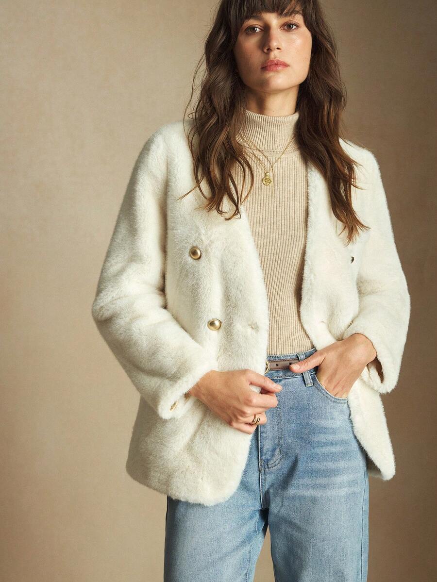 BizChic 2025 Automne/Hiver Manteau en fausse fourrure de vison à col en V, à double boutonnage avec boutons métalliques et poches latérales. Style vintage chic pour un look urbain et décontracté, idéal pour les fêtes de Noël, du Nouvel An, d'Action de grâce, les sorties, les mariages, les concerts, les brunchs et les voyages en avion.